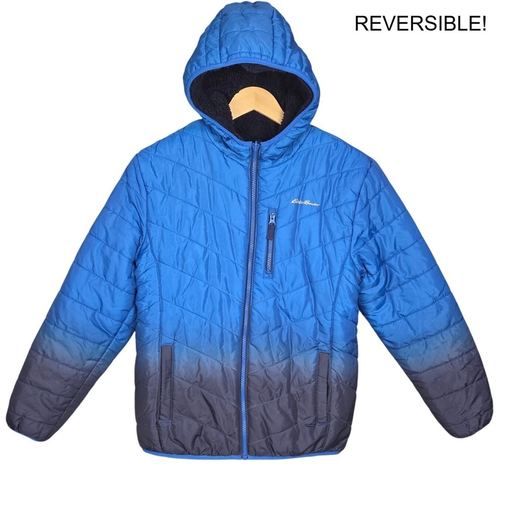 Eddie Bauer REVERSIBLE Puffer Jacket Kids Large 14/16 Blue Ombre Hooded Fleece